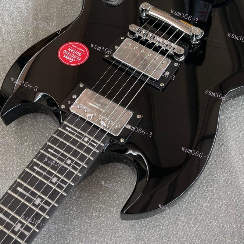 Solid Body Electric Guitar Stainless Rounded Fret Edge Cross Inlay 24F Black US