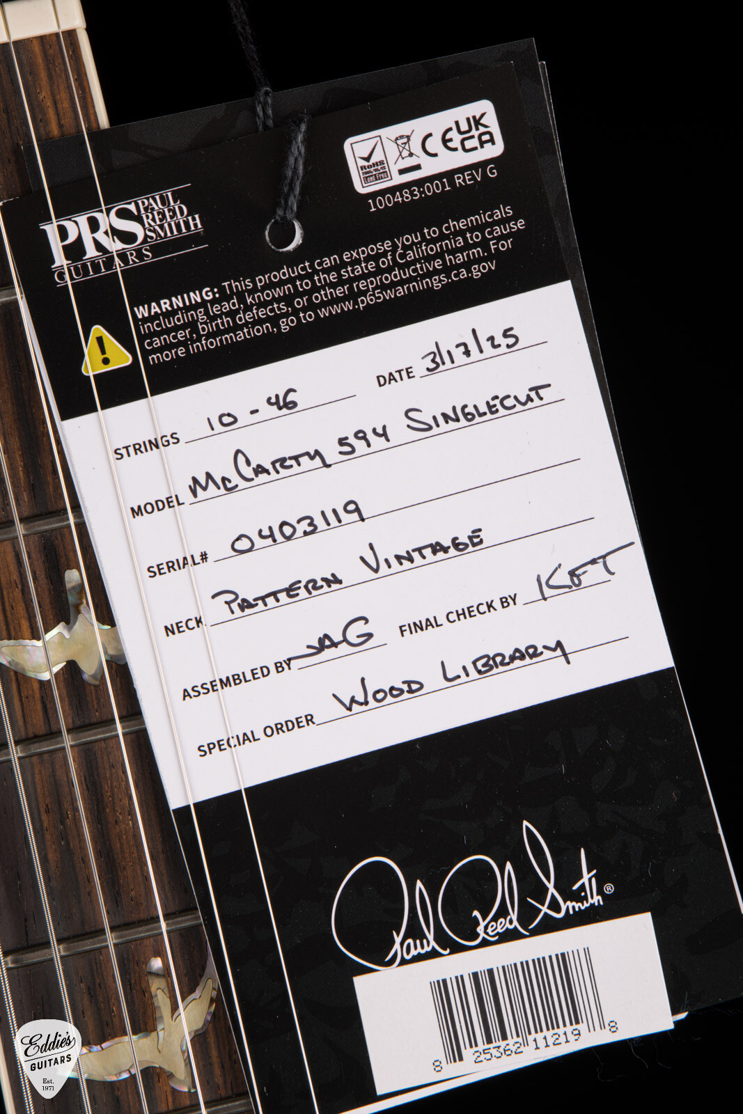 PRS Eddie’s Guitars Wood Library McCarty 594 Singlecut – Bonnie Pink#403119
