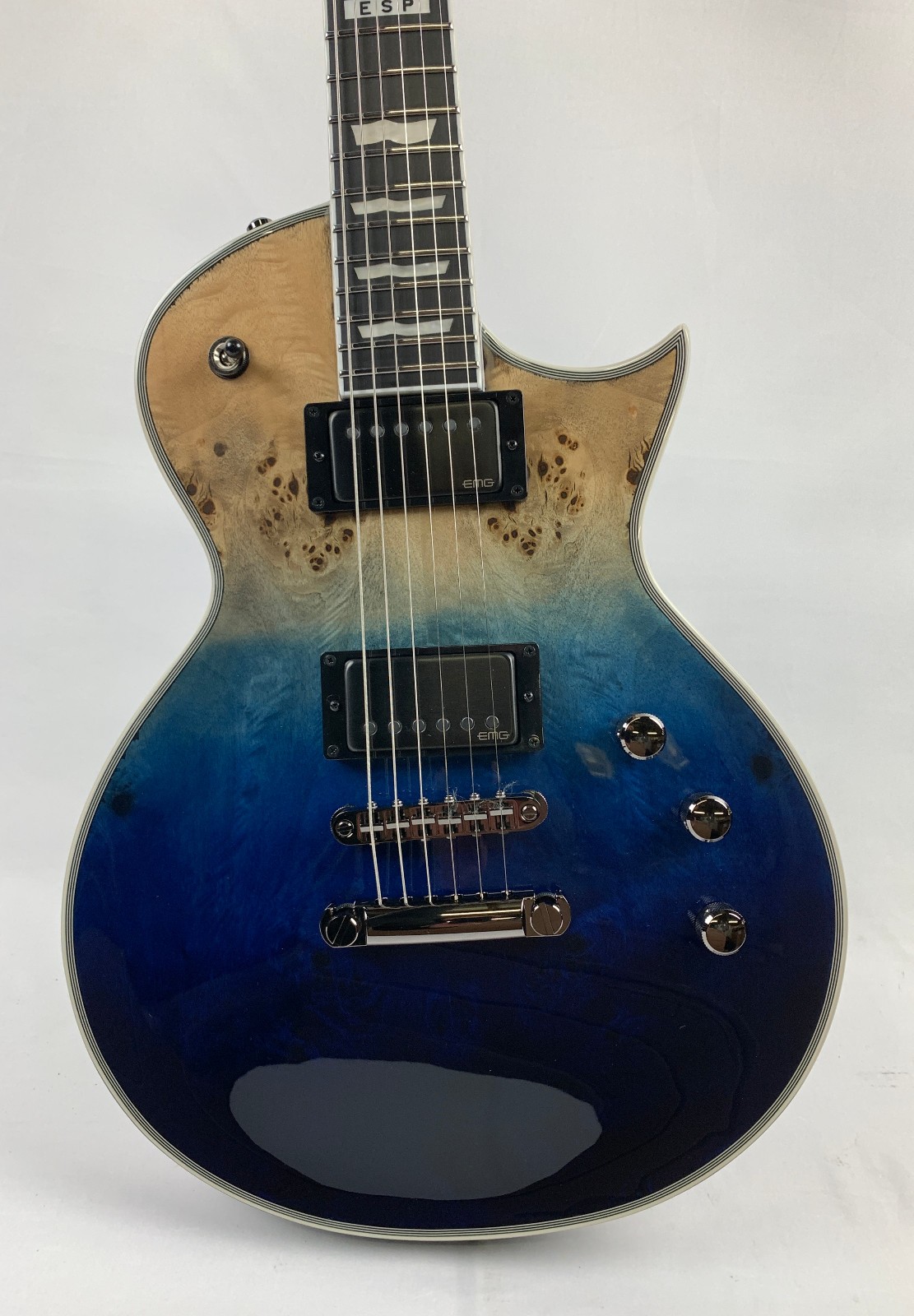ESP E-II Eclipse Blue Natural Fade Burled Maple Electric Guitar + Case B-Stock