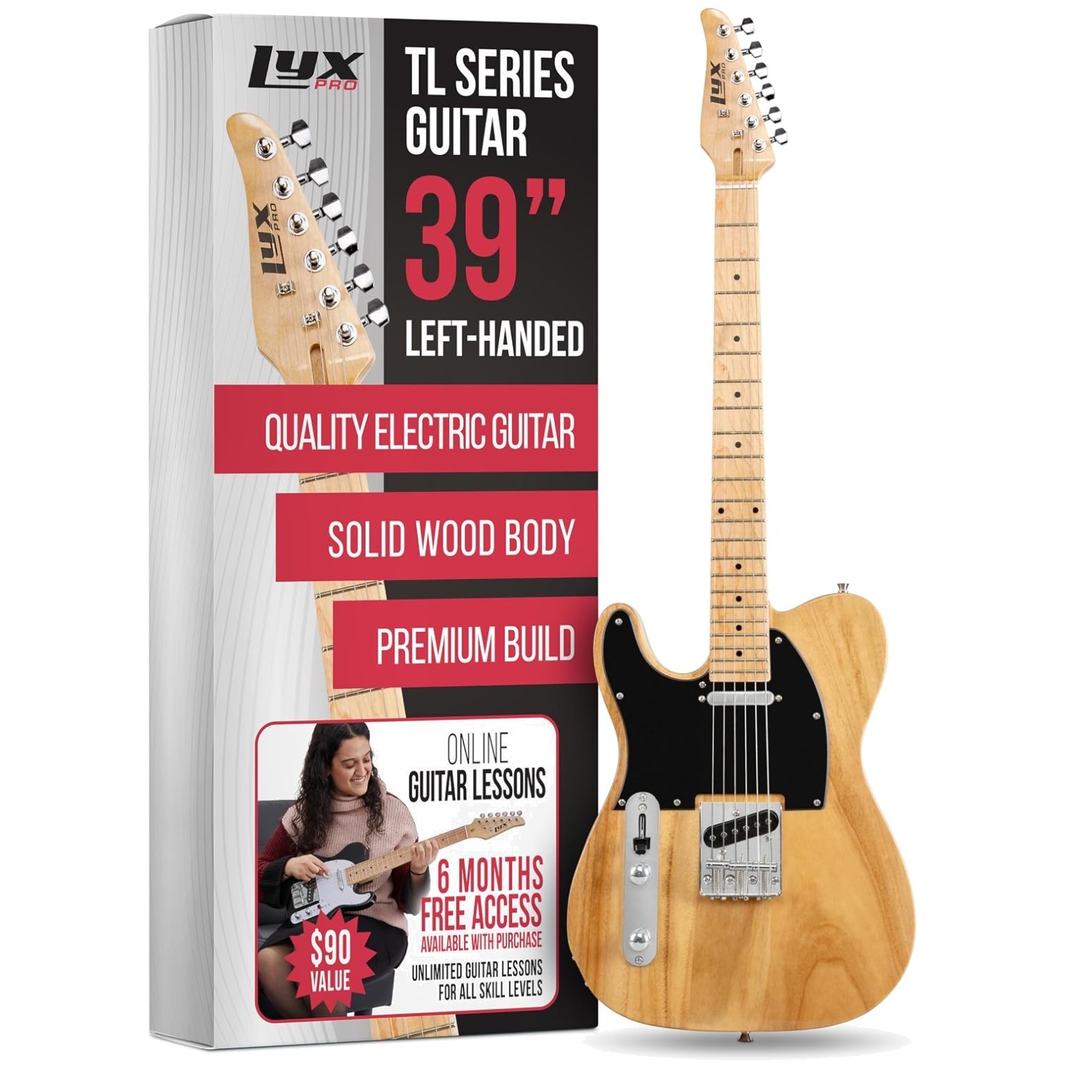 39″ Left-Handed Electric Guitar, 3-Ply Pickguard, Natural
