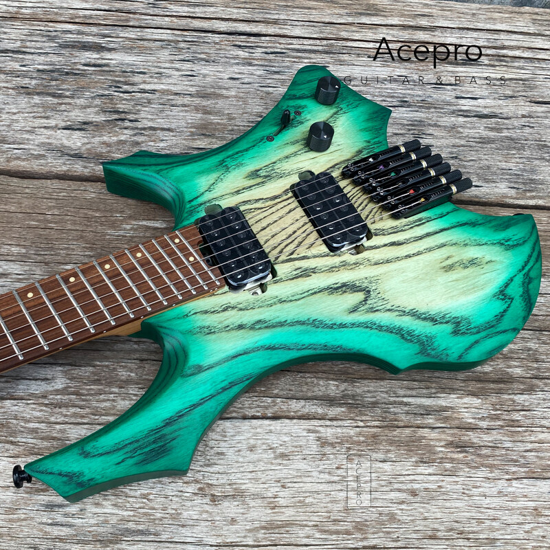Green Burst Headless Electric Guitar Jumbo Stainless Steel Oblique Fret Ash Body