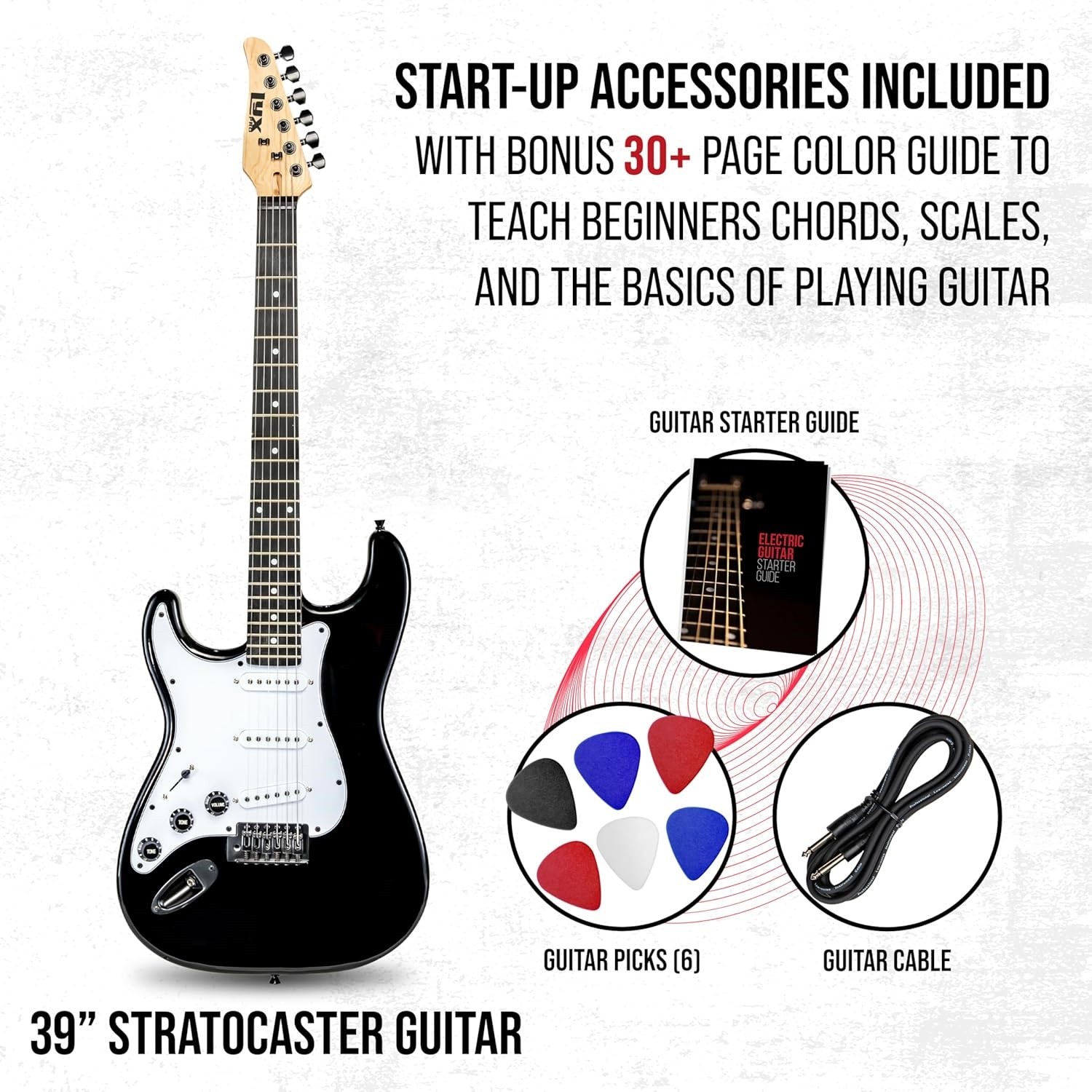 LyxPro CS 39in Left Hand Electric Guitar Kit Amp Cable Picks Guide Full Black