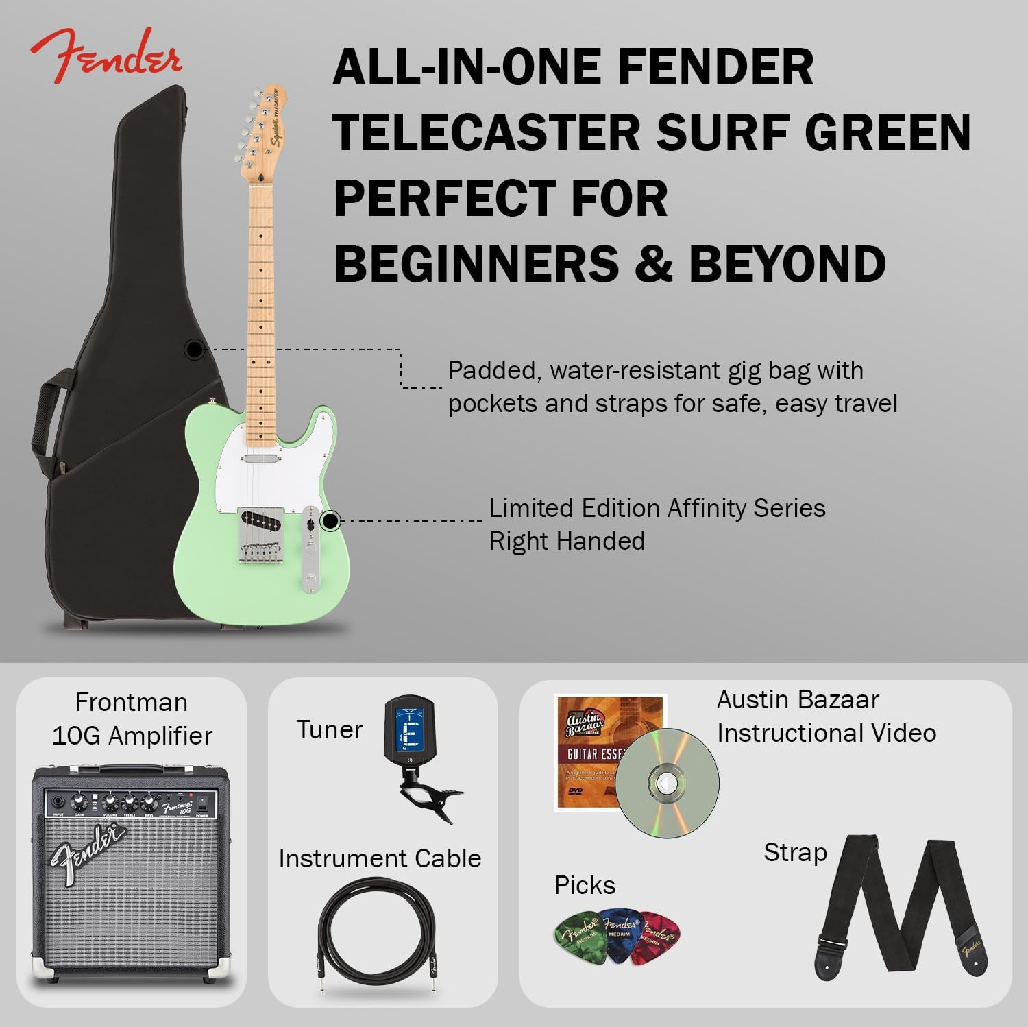 Fender Squier Affinity Telecaster Surf Green Bundle with Frontman 10G Amp