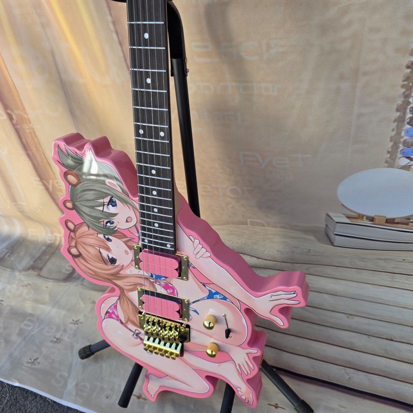 Hot Pick Pink Anime Custom Electric Guitar Unique Human Figure Shape 24frets