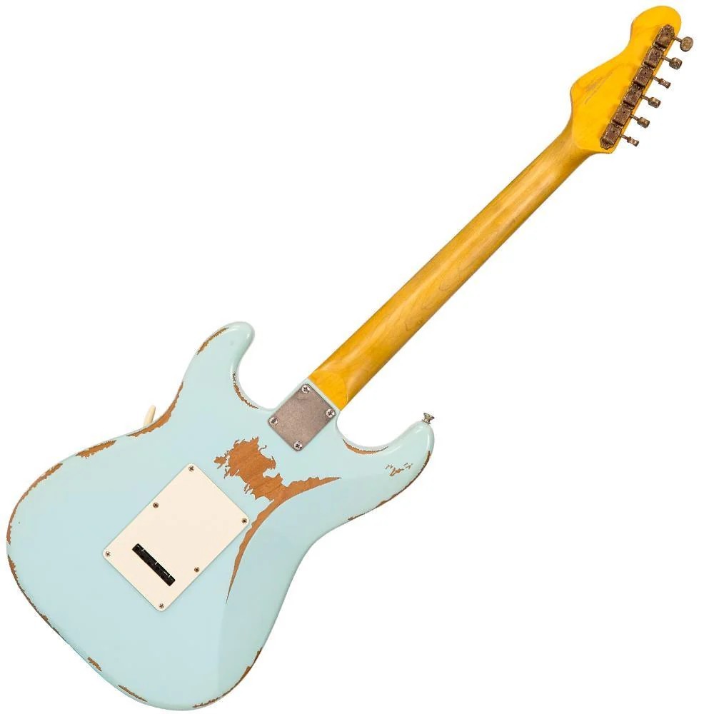 Vintage V6H ICON HSS Electric Guitar, Ultra-Gloss Distressed Laguna Blue