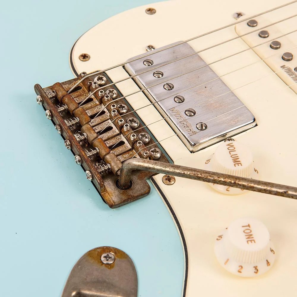 Vintage V6H ICON HSS Electric Guitar, Ultra-Gloss Distressed Laguna Blue