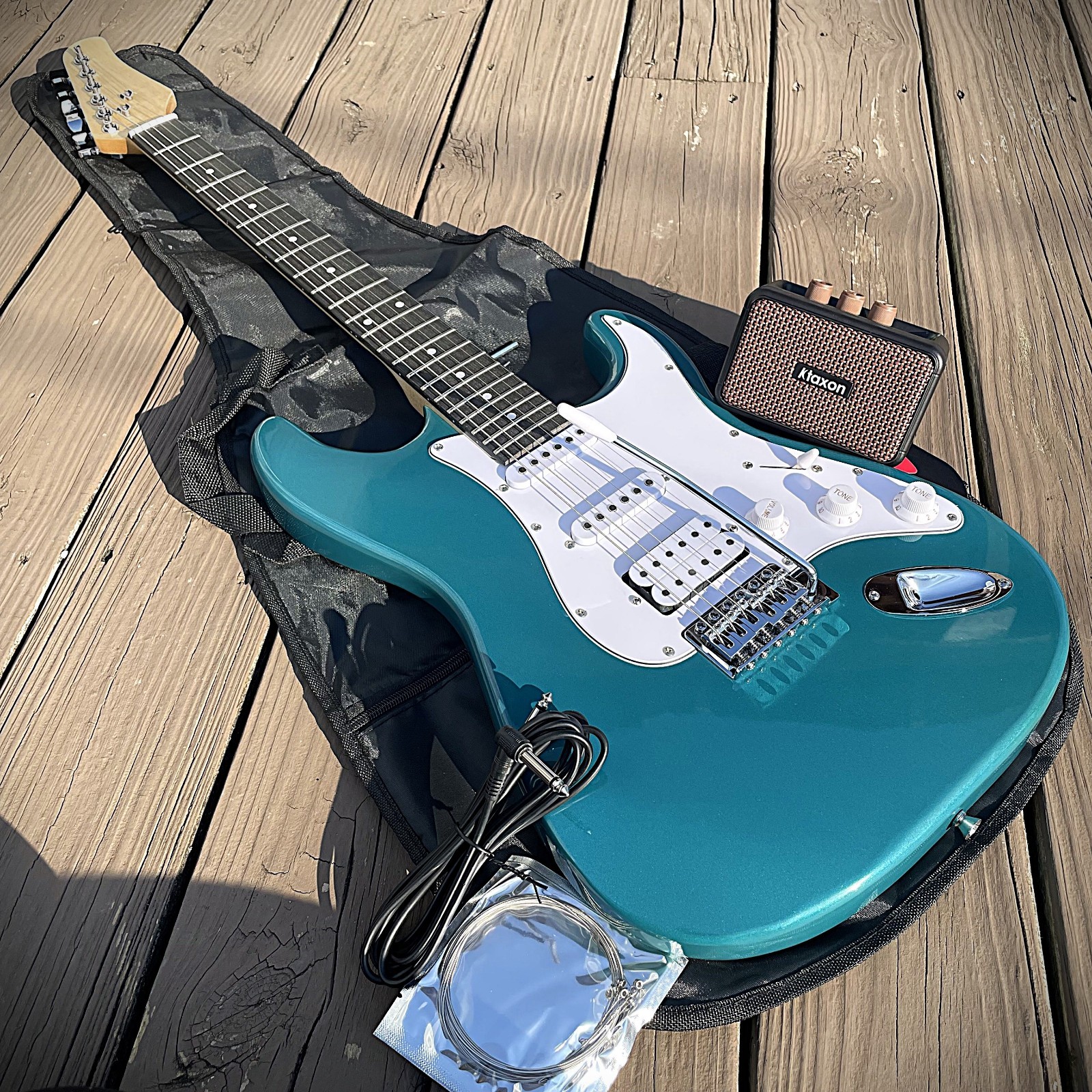 Full-Size Seafoam Blue Sparkle Electric Guitar Starter Package with 5-Watt Amp
