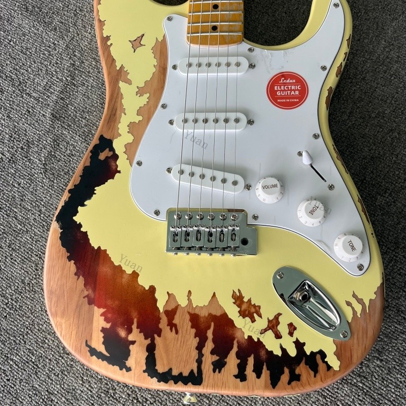 21 Frets Solid Electric Guitar Aged 3TS Cream Yellow Maple Fretboard SSS Pickups