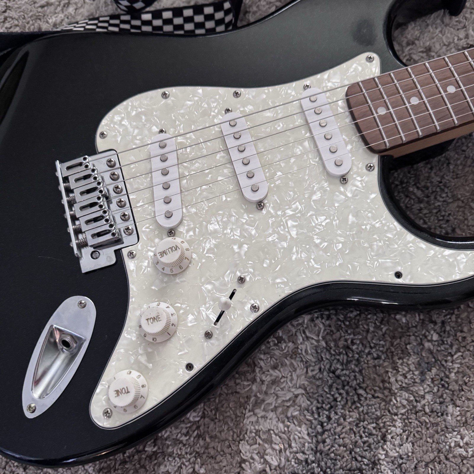 Fender Starcaster Black, White Pearl Pickguard Tested w/ Strap