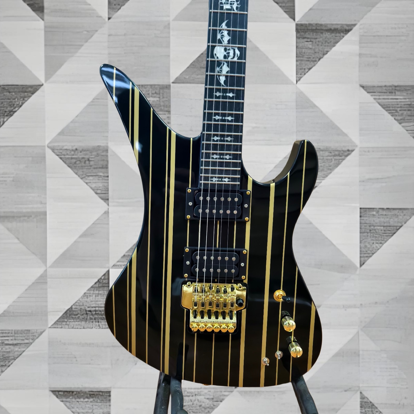 Schecter Synyster Gates Custom-S Electric Guitar – Black with Gold Pinstripes