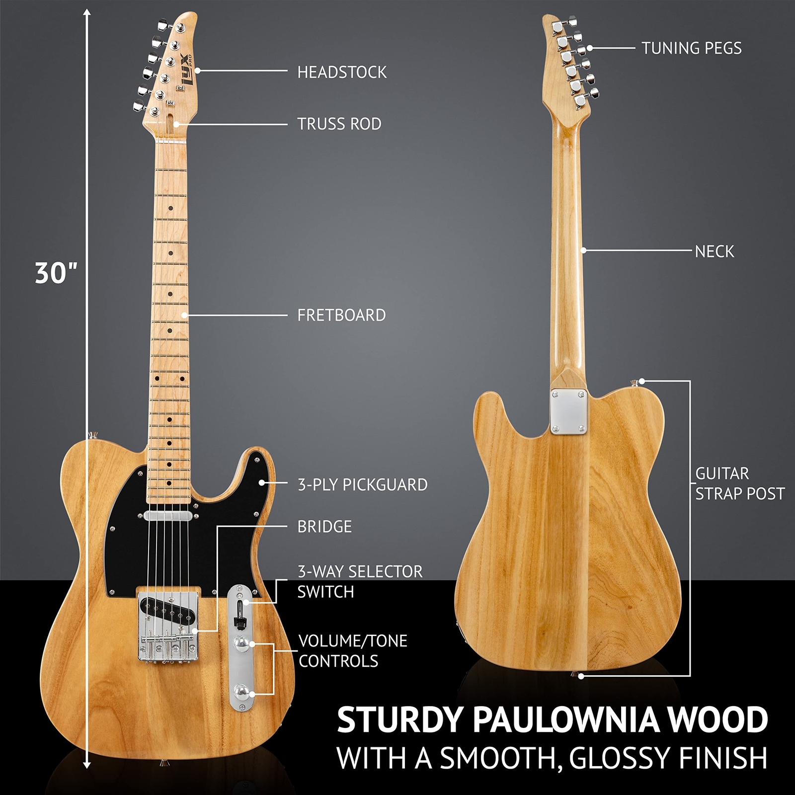 LyxPro Beginner 30″ Telecaster Style Electric Guitar, Paulownia Body, Natural