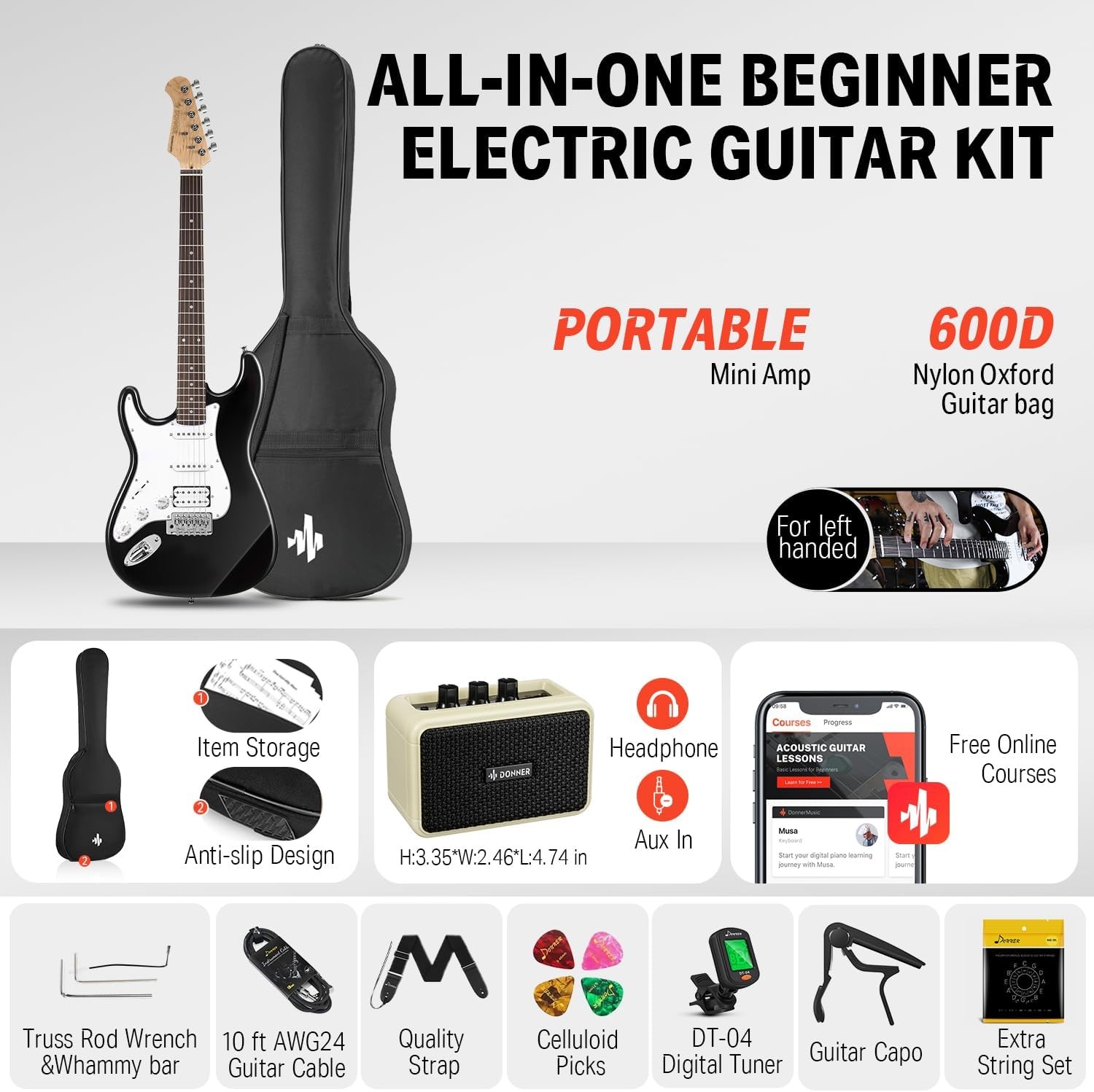 Donner DST-100BL Left Hand Electric Guitar Kit 39 Inch Black w/ Amp Beginner Set