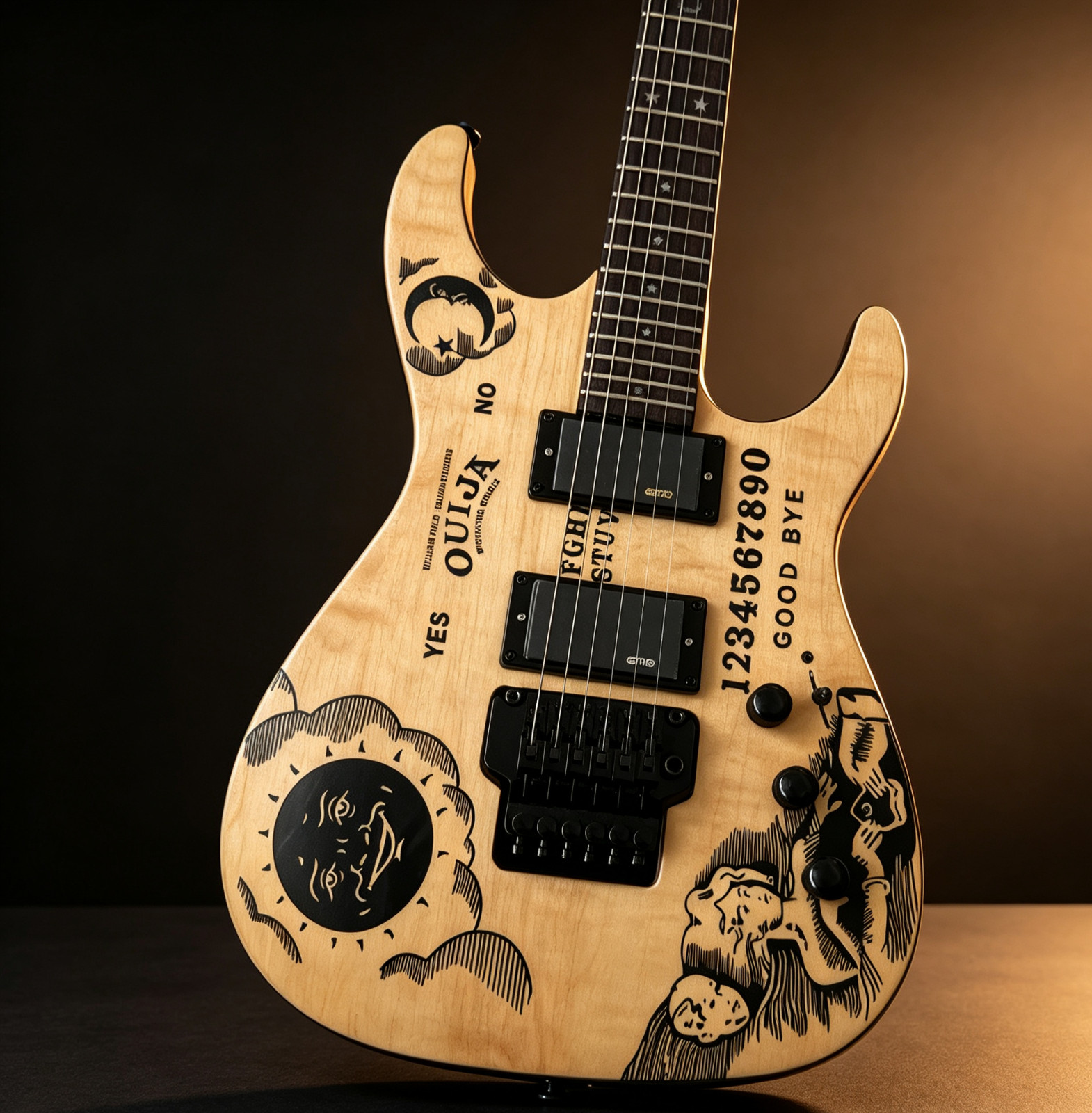 Natural Wood Hand-Drawn Electric Guitar, Black White Graffiti Graphic, Double Tr