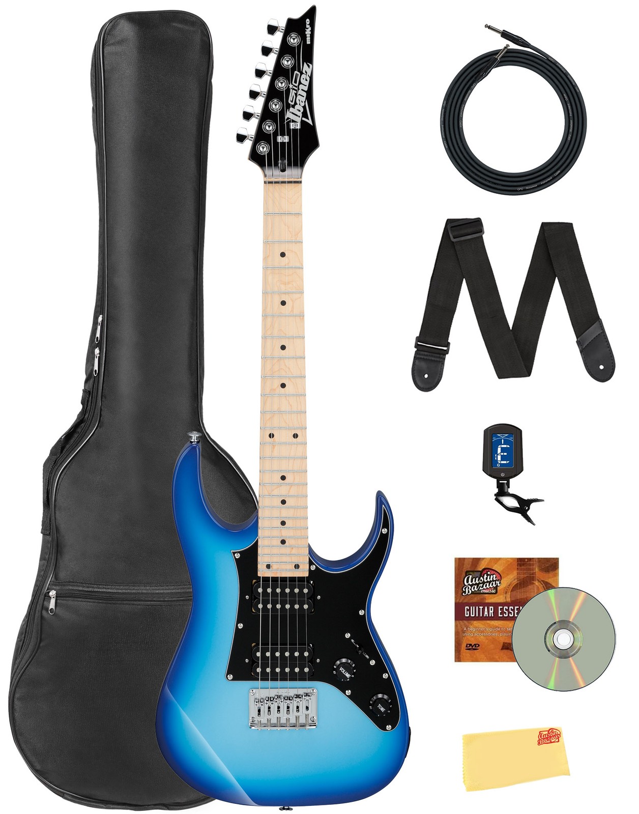 Ibanez GRGM21M RG Gio miKro Short-Scale Electric Guitar – Blue Burst Bundle w/ G