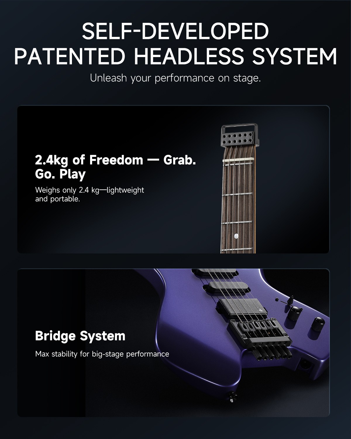 Donner HLX-500 Headless Electric Guitar – HSS Solid Body with Bag Purple Craze