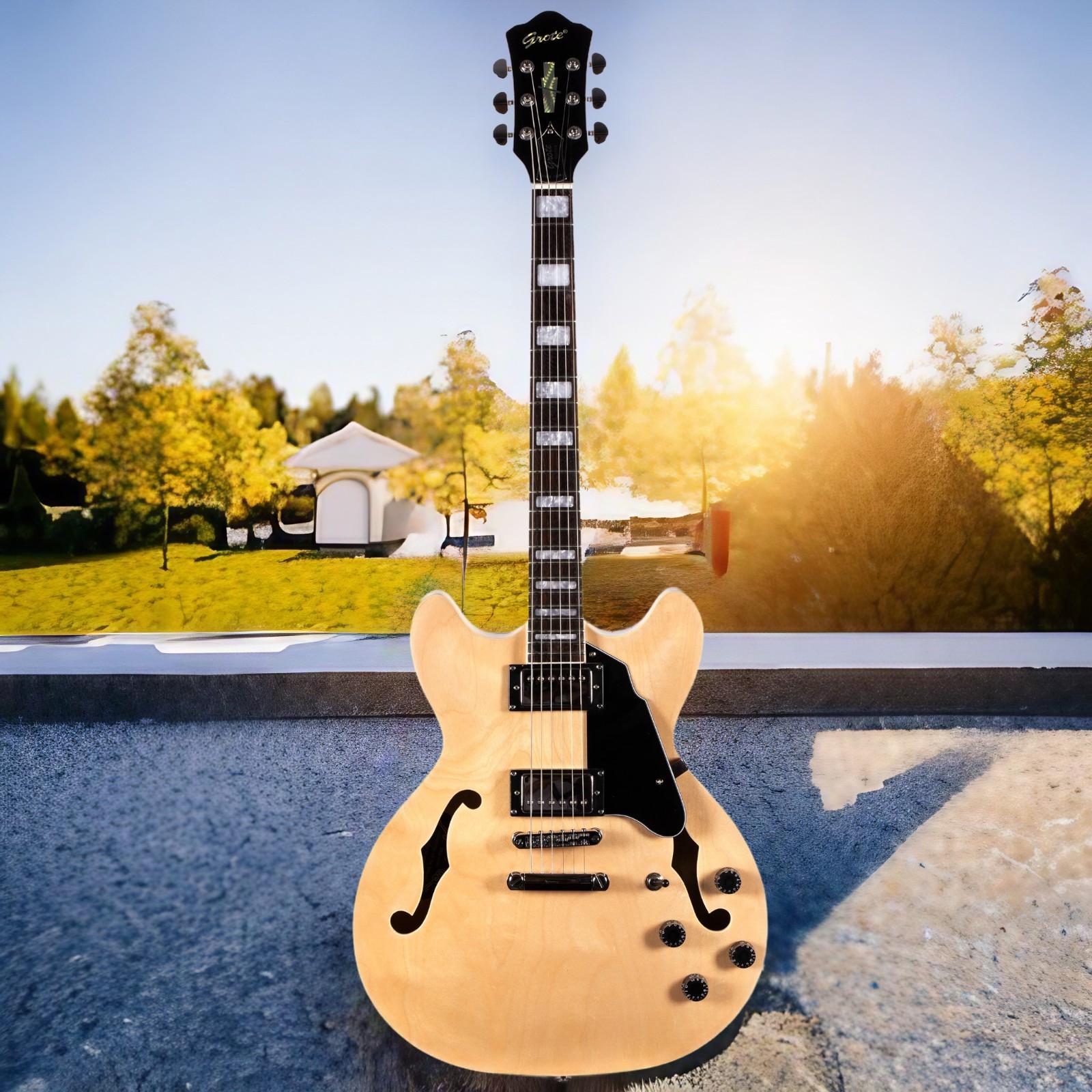 Electric Guitar Natural Semi-Hollow Body Guitar Stainless Steel Frets (Grote)