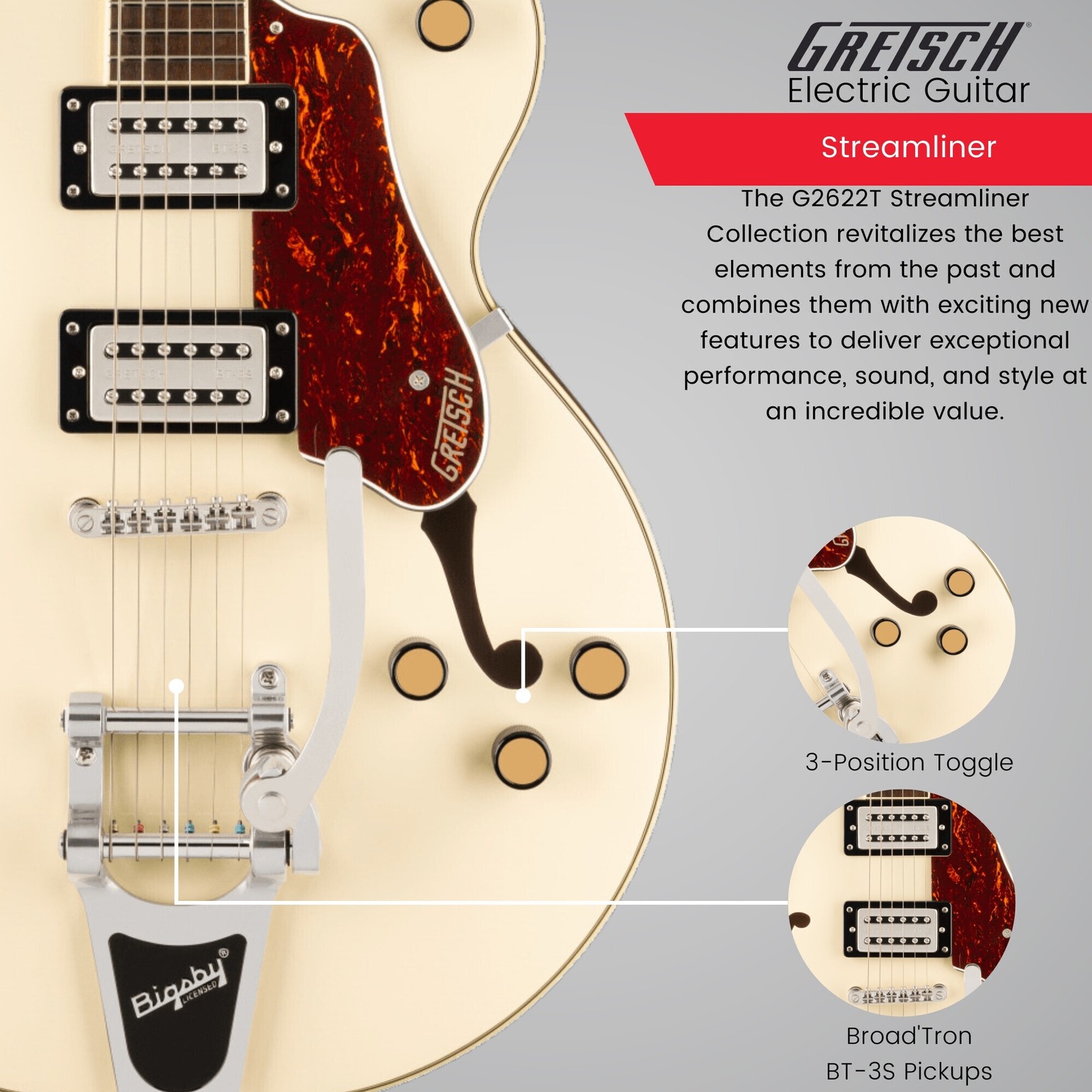 Gretsch G2622T Streamliner Double Cut 6 String Vintage White Electric Guitar