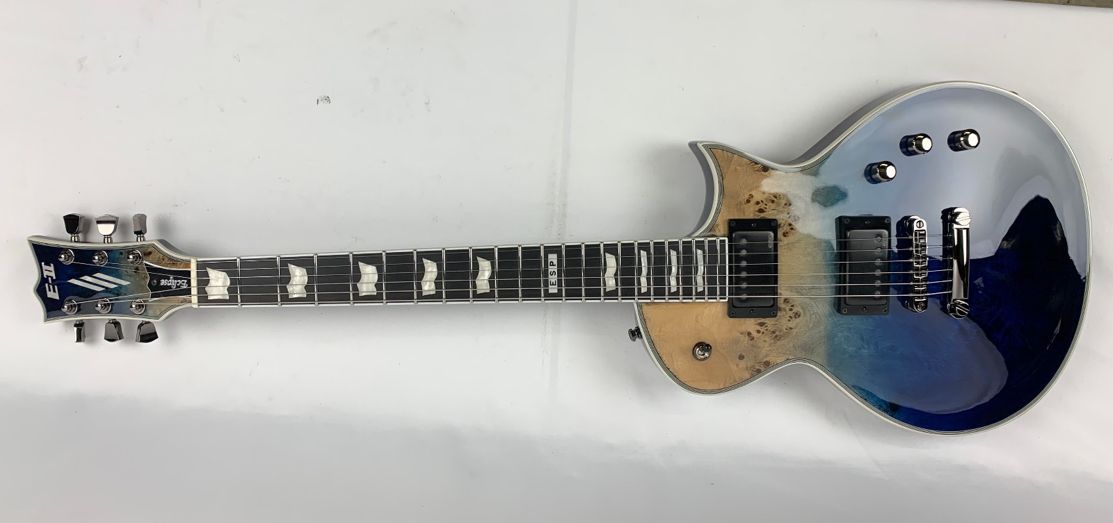 ESP E-II Eclipse Blue Natural Fade Burled Maple Electric Guitar + Case B-Stock
