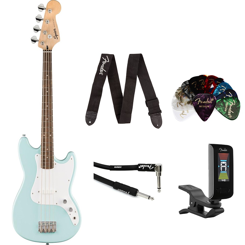 Fender Squier Sonic Bronco Bass Guitar, Daphne Blue w/ Picks/Strap/Tuner & Cable