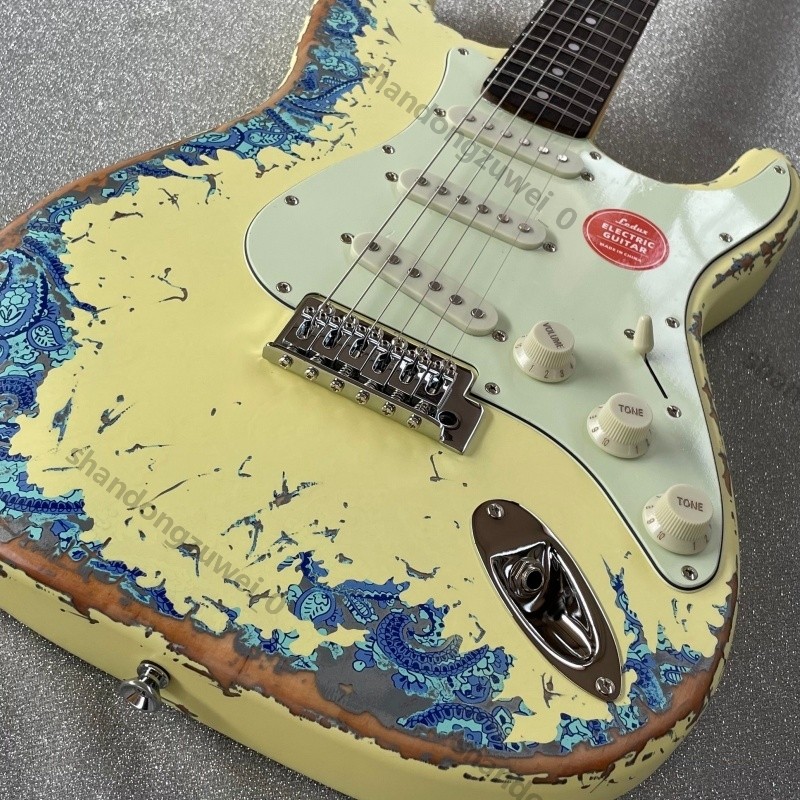 Aged Electric Guitar Bone Nut Stainless Rounded Fret Blue Paisley Free Shipping