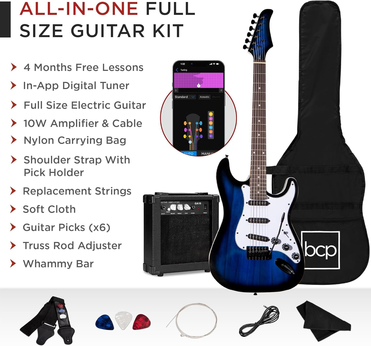 39In Full Size Beginner Electric Guitar Starter Kit W/Case, Strap, 10W Amp, Stri