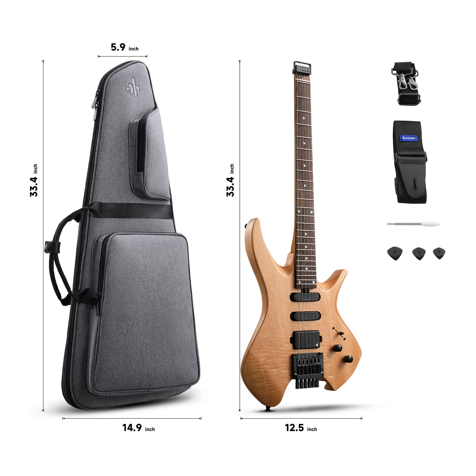 🎸 Donner HLX-500 Headless Electric Guitar HSS Pickups + Gig Bag Strap | Natural