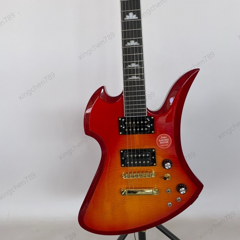 Red Burl Maple Gloss Top Solid Body Electric Guitar Active H-H Pickups Bone Nut