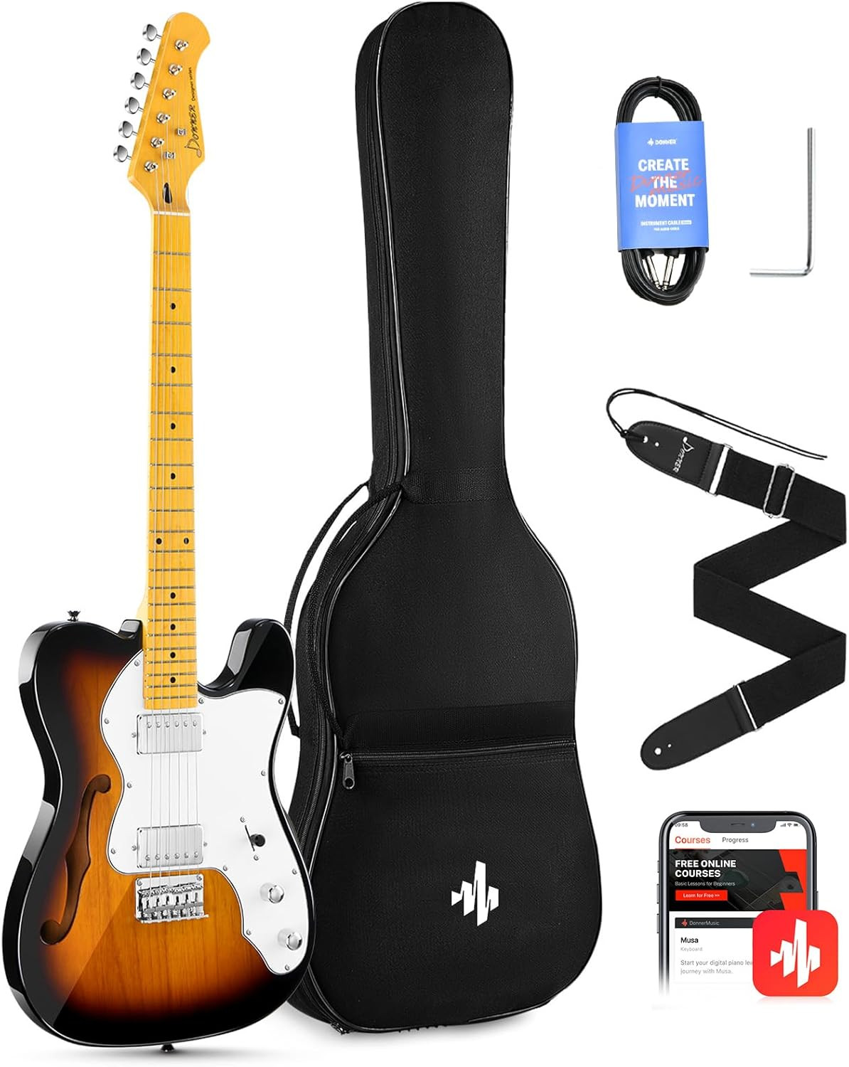 Donner 39″ TL Thinline Jazz Electric Guitar – HH Pickups, Bag, Strap, Sunburst