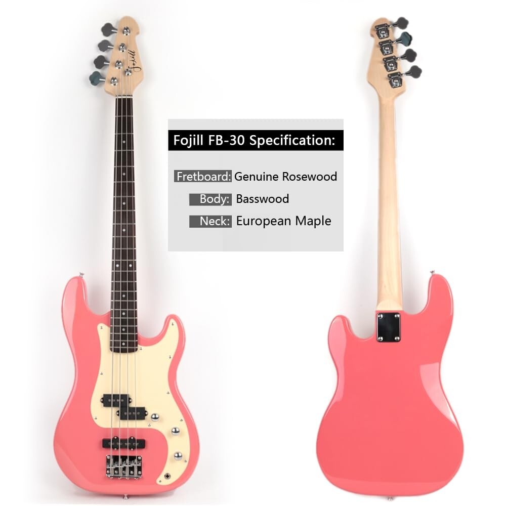 Full size electric pj bass set with amplifier gigbag strap cable picks in pink