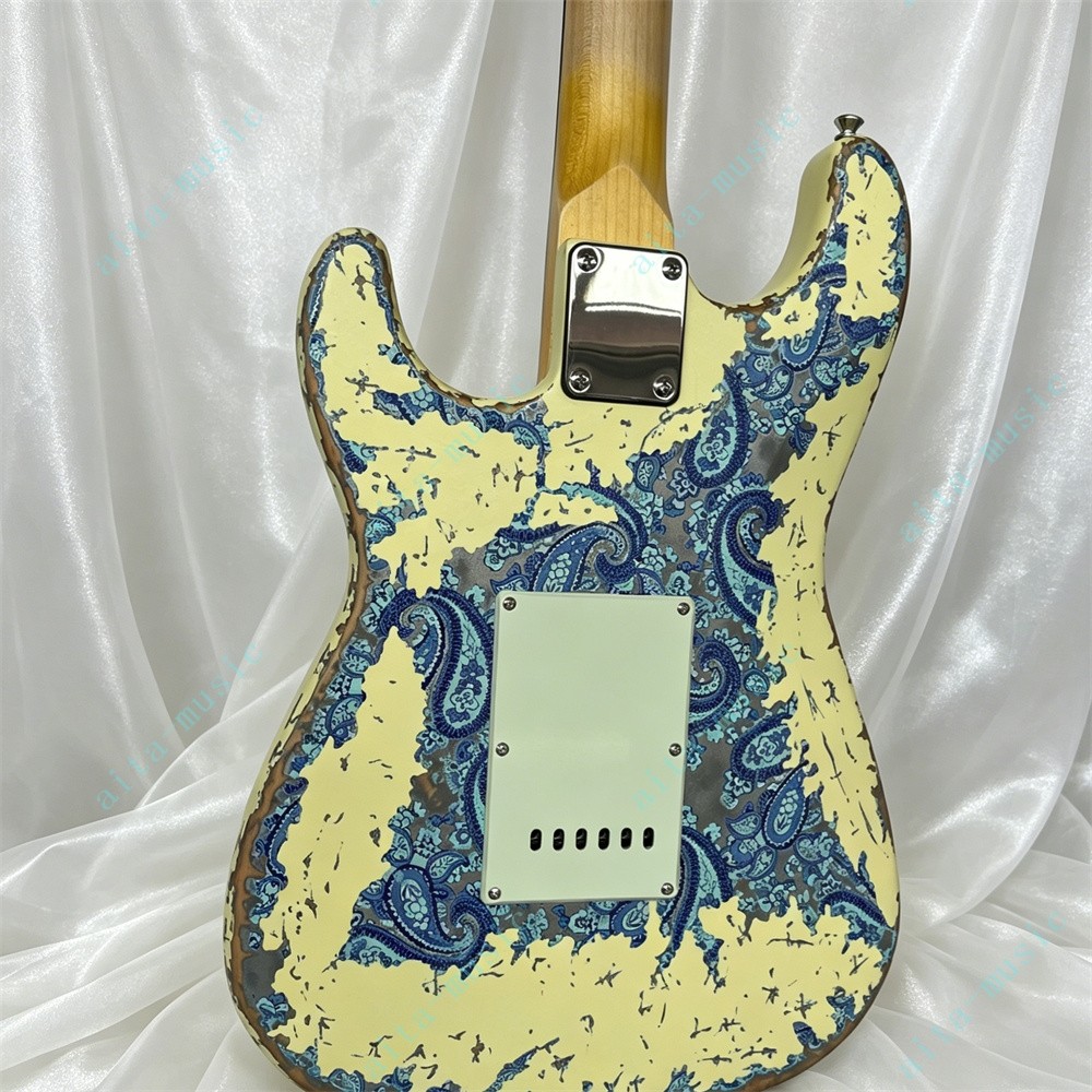 Solid Electric Guitar Stainless Rounded Fret Cream over Blue Paisley Fast Ship