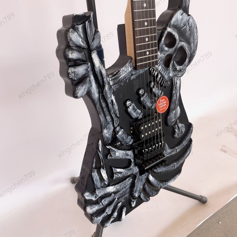 Left Hand Skull Solid Electric Guitar Rounded Fret Edge Maple Neck Hard Rock