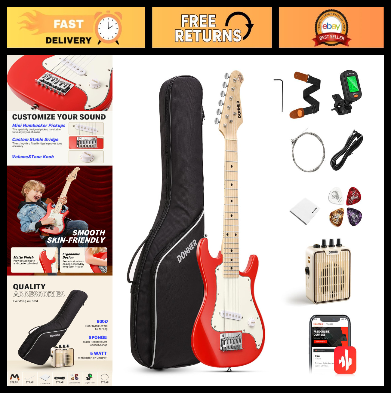 30″ Kids Electric Guitar Beginner Kit – Mini ST-Style with Amp, Bag, Tuner & Mor