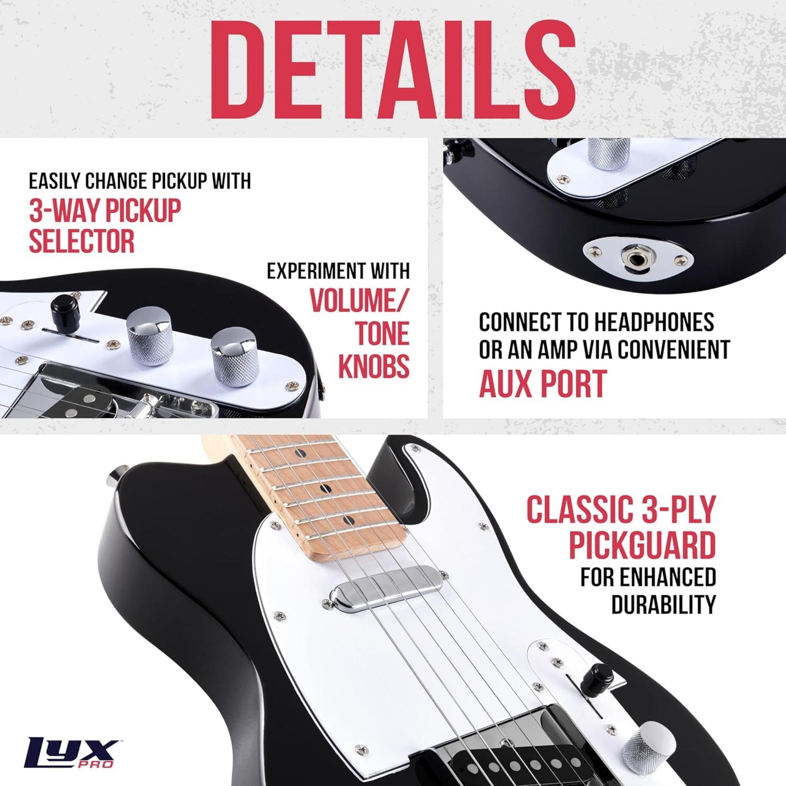 LyxPro Beginner 30″ Telecaster Style Electric Guitar, Paulownia Body, Black