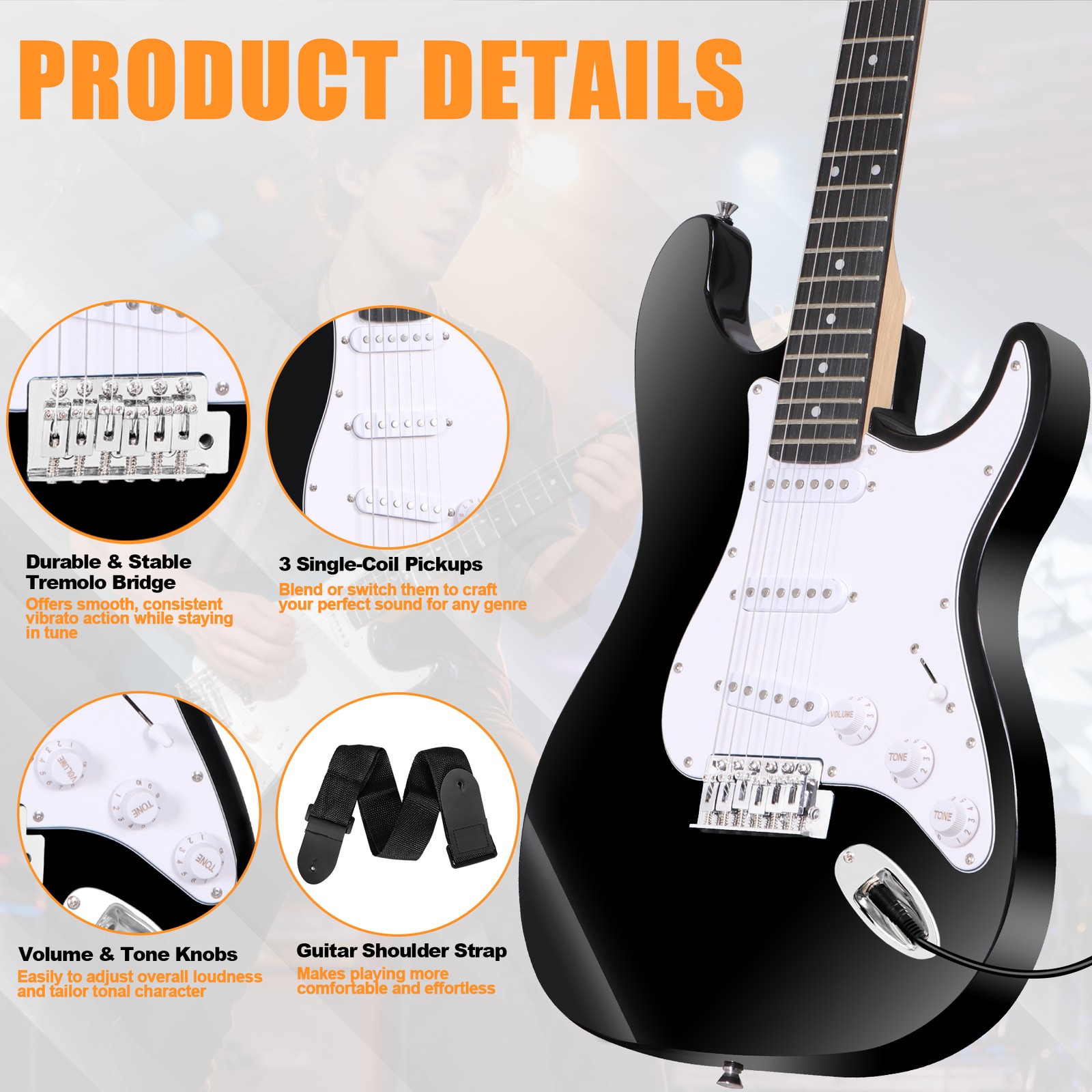 39″ Full Size Electric Guitar w/10W Amp Case and Accessories Pack for Beginner