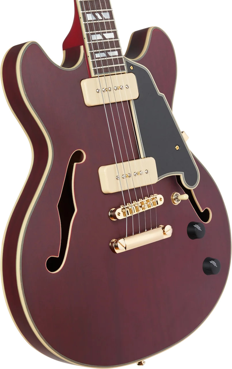 D’Angelico Deluxe Mini DC Semi-hollowbody Electric Guitar – Satin Trans Wine
