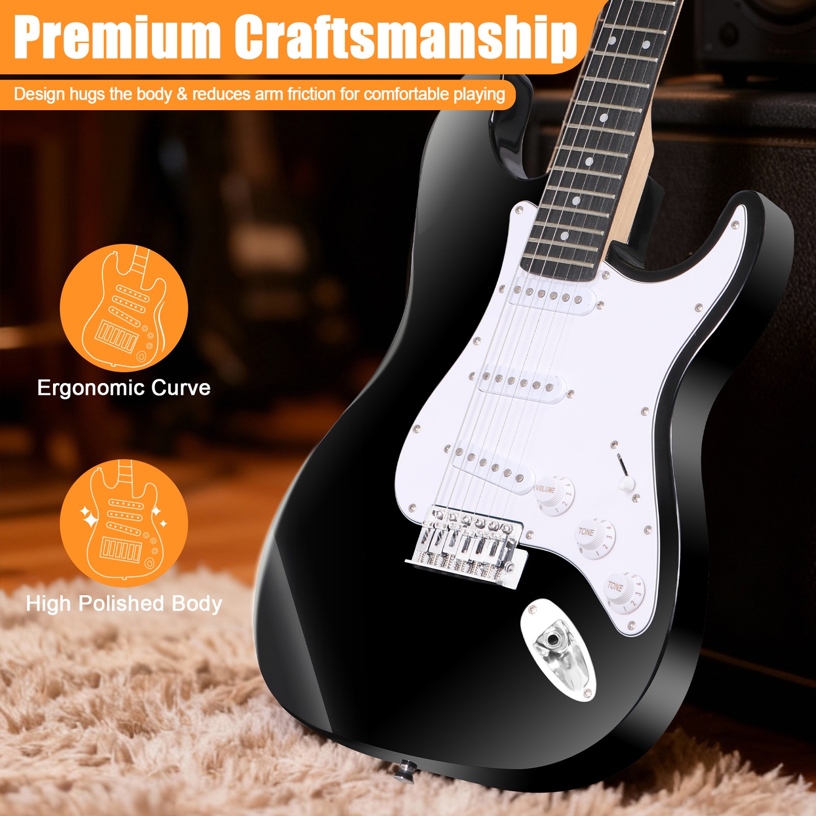 39″ Full Size Electric Guitar w/10W Amp Case and Accessories Pack for Beginner