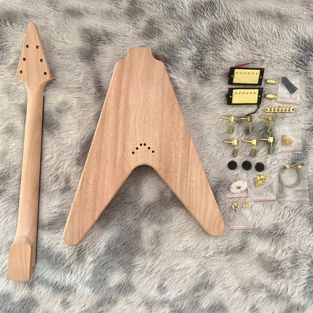 Clearance 6 String V DIY Electric Guitar Kit Canadian Maple Neck Gold Part