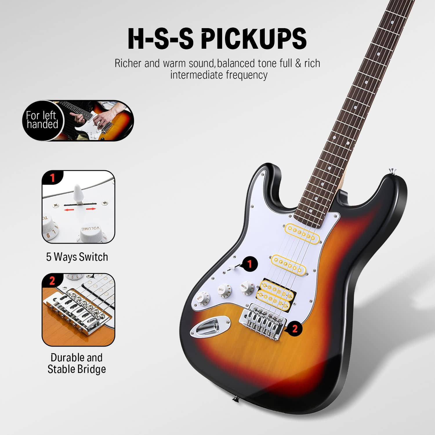 39 Inch Left-Handed Electric Guitar Kit Solid Body Sunburst Lefty Beginner Set F