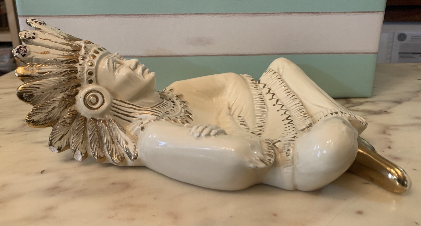 VINTAGE 11″ LARGE FIGURE CERAMIC COIN TRAY AMERICA INDIAN NATIVE MADE IN ITALY