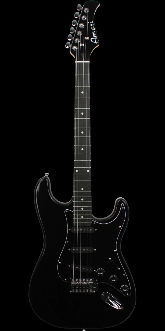 Amati Model #100STBK ST Style Electric Guitar Jet Black Finish w/bag +