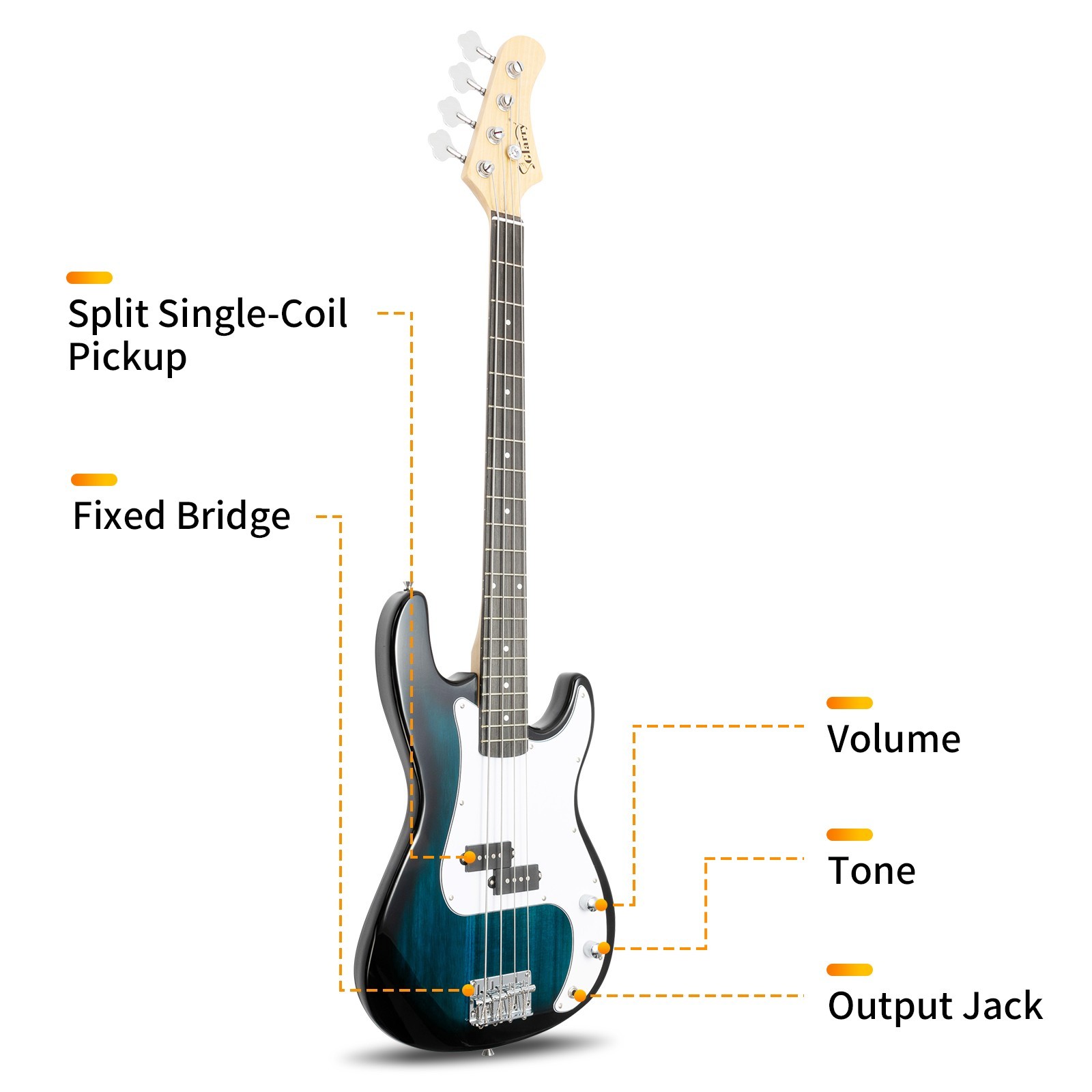 US 45″ Blue Electric Bass Guitar 4-Strings Full Size W/ Bag Strap Pick Cable