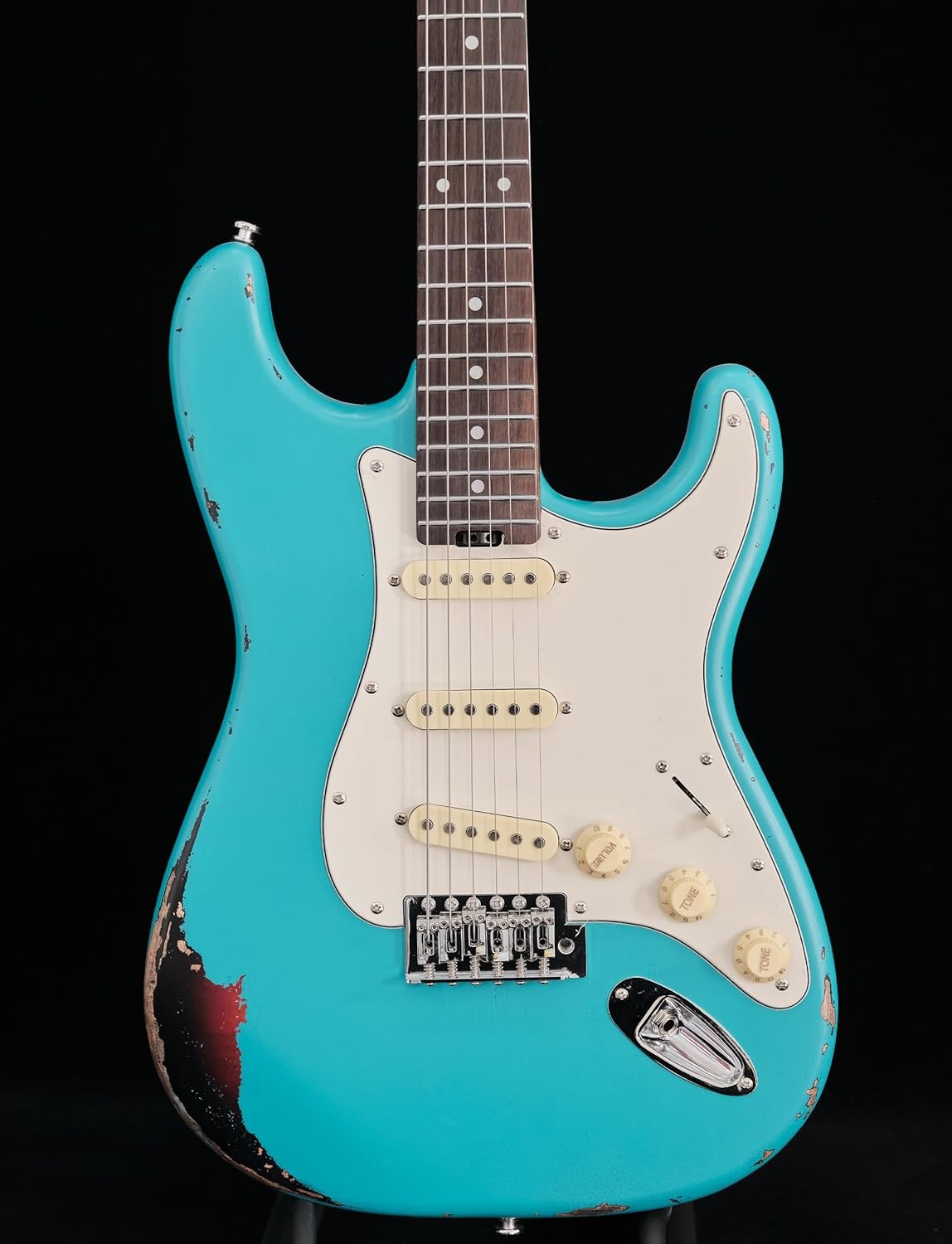 Relic S-Type Electric Guitar in Miami Blue, Stainless Steel Frets,Roasted Maple