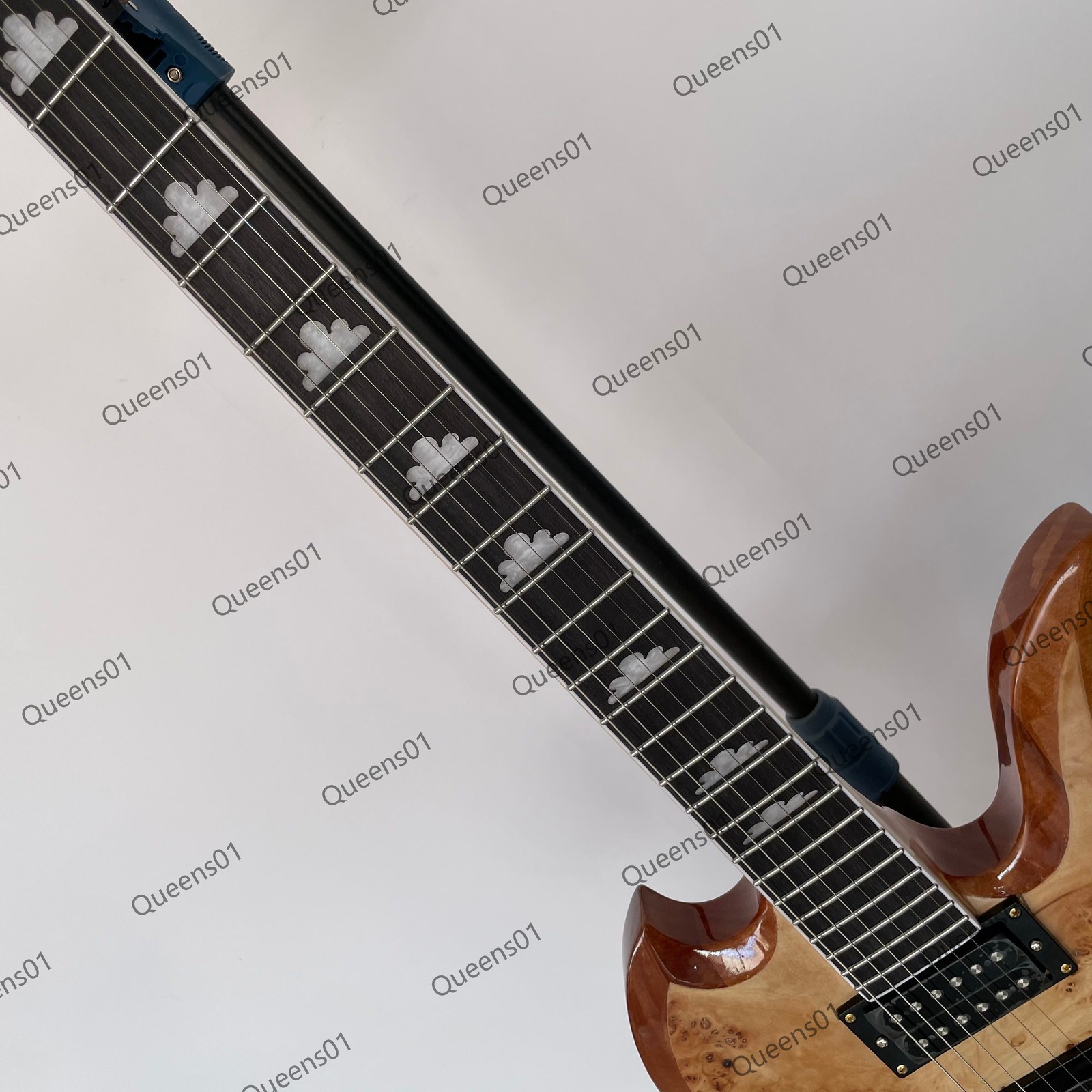 Electric Guitar Stainless Steel Frets Burl Top Veneer Gold Hardware Natural Wood