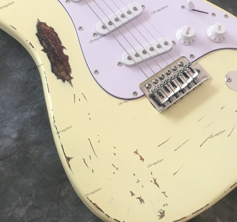 Vintage Aged Electric Guitar Tremolo Bridge SSS Pickups Chrome Hardware White