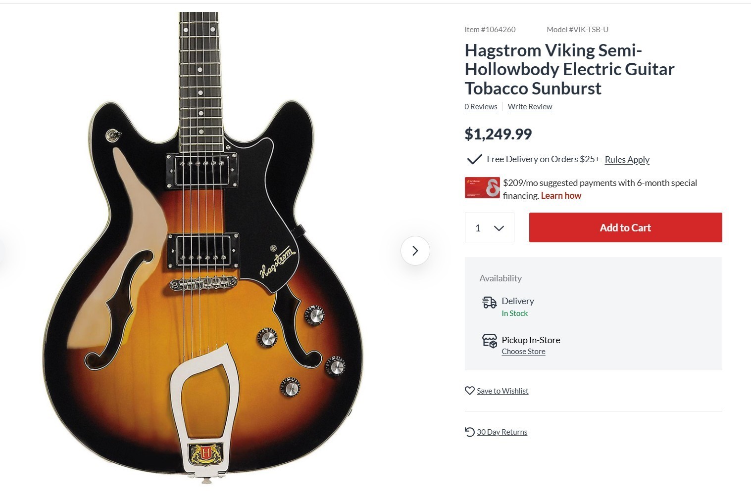 Hagstrom Viking Semi-Hollowbody Electric Guitar Tobacco Sunburst