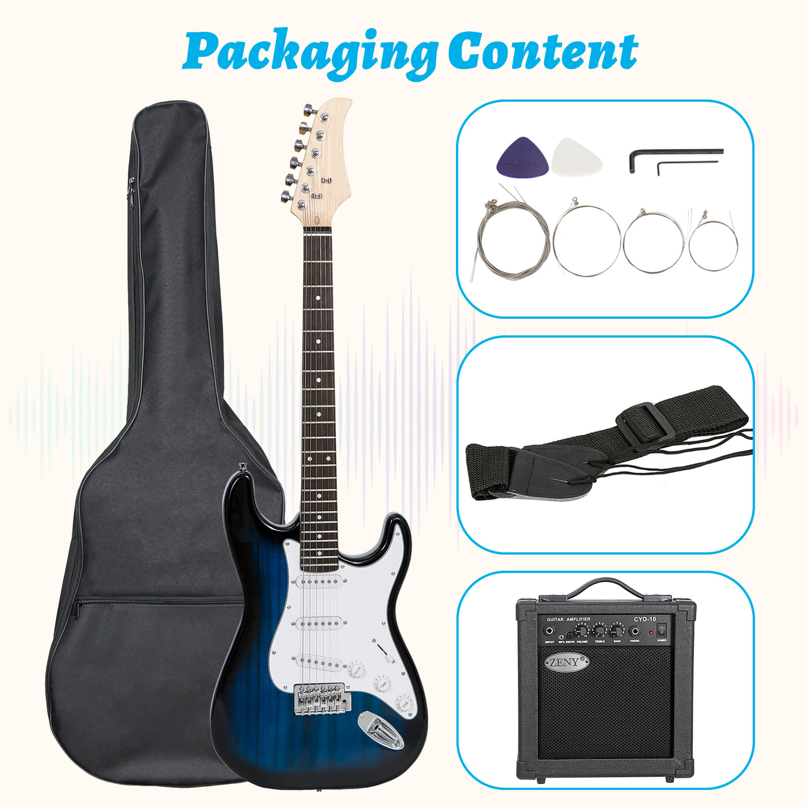 Blue Full Size Electric Guitar with Amp, Case and Accessories Pack Beginner