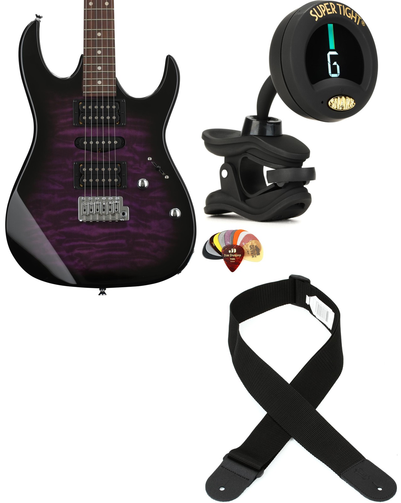 Ibanez GRX70QATVT + Snark ST-8 + Dunlop PVP101 + Levy’s M8POLY-BLK Value Bu