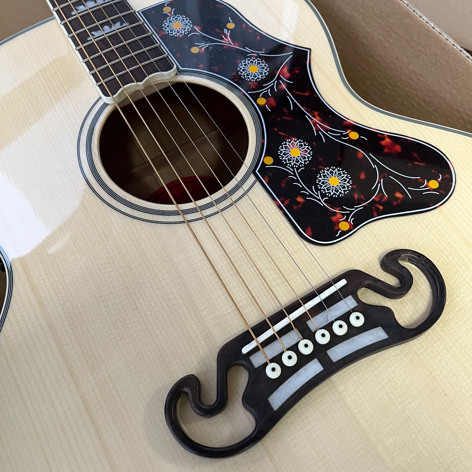 Ship US Natural Solid Spruce J200 Jumbo Acoustic Guitar Floral Flower Tortoise