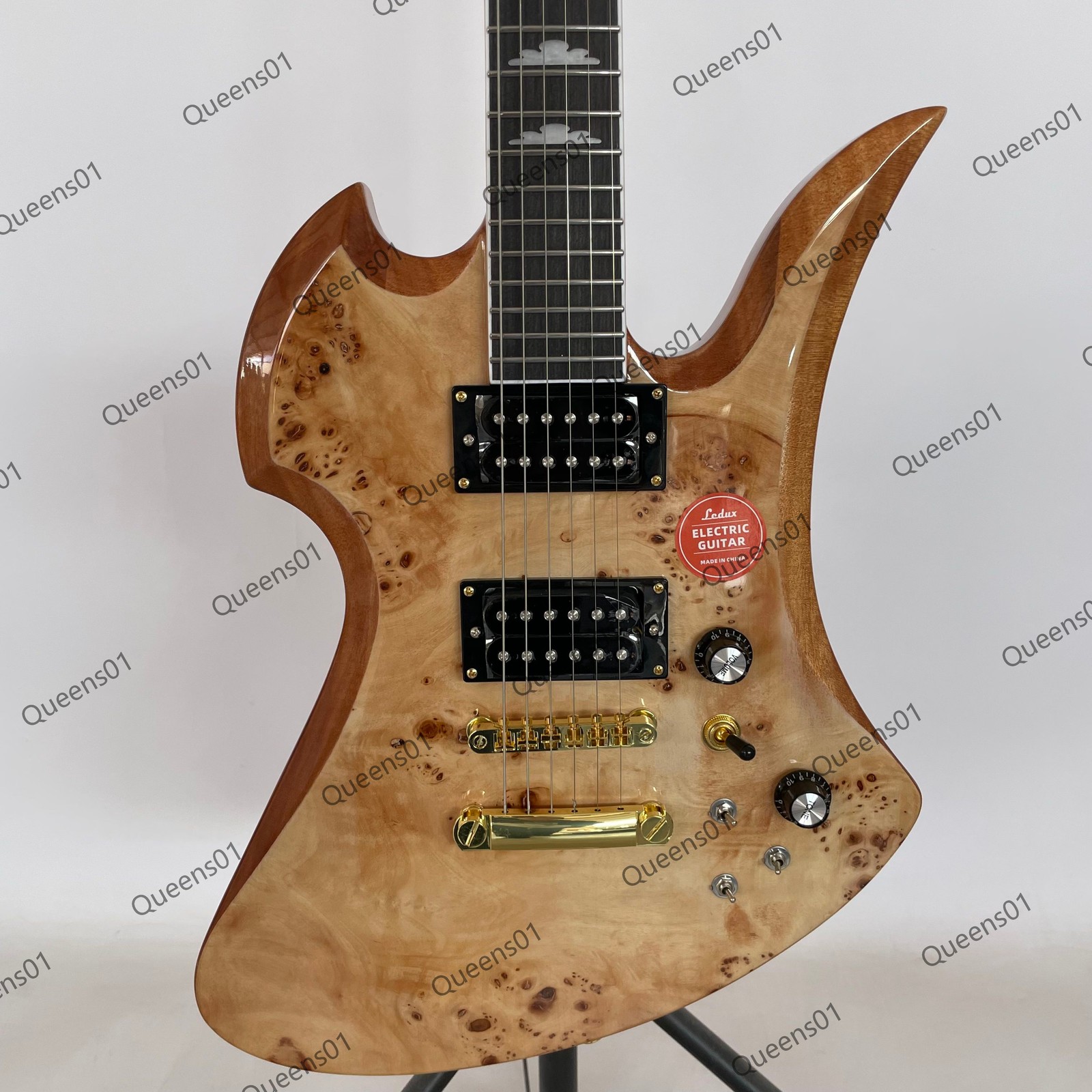 Electric Guitar Stainless Steel Frets Burl Top Veneer Gold Hardware Natural Wood