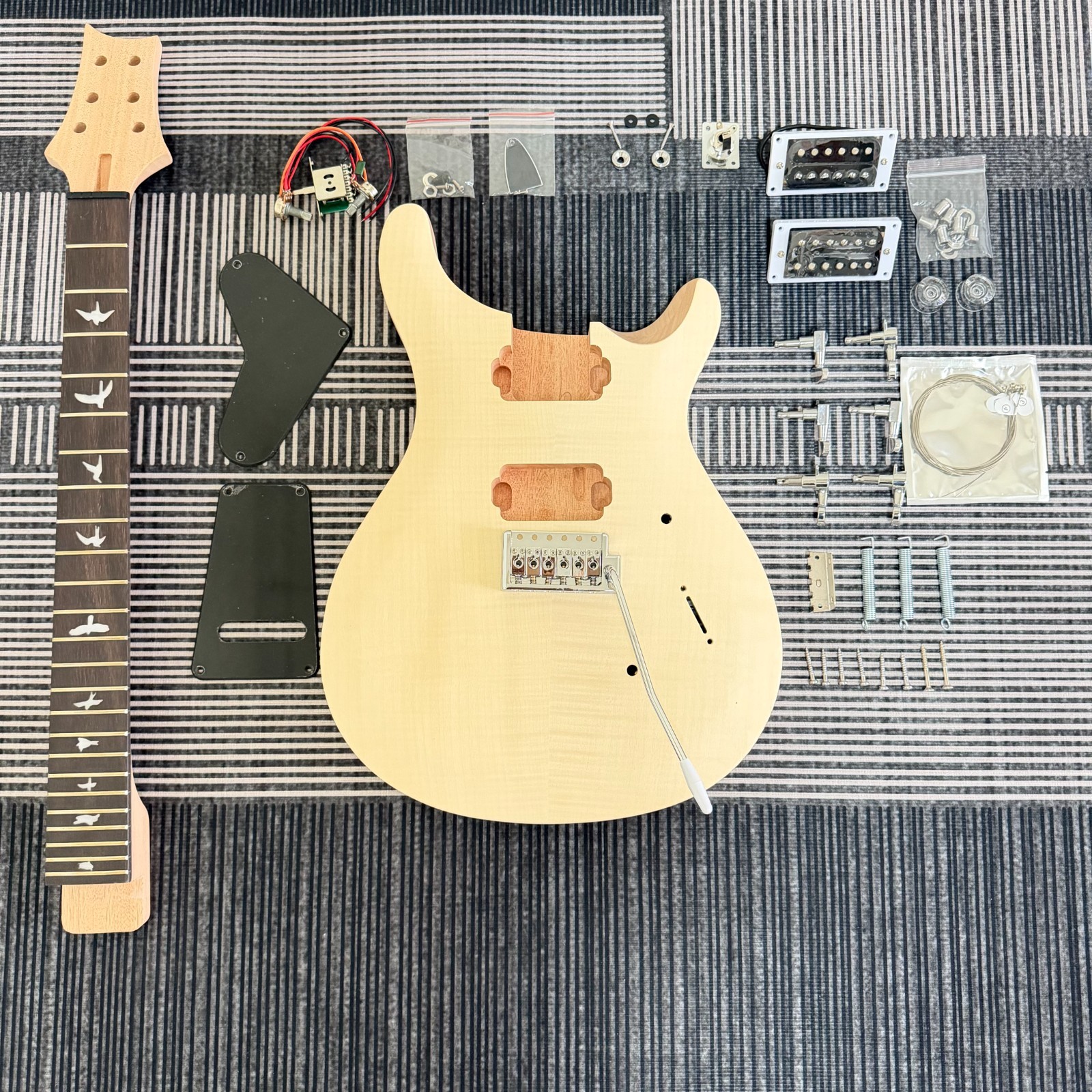 Unfinished PRS DIY Guitar Kit with Bird Inlay, Tremolo Bridge & Humbucker Pickup